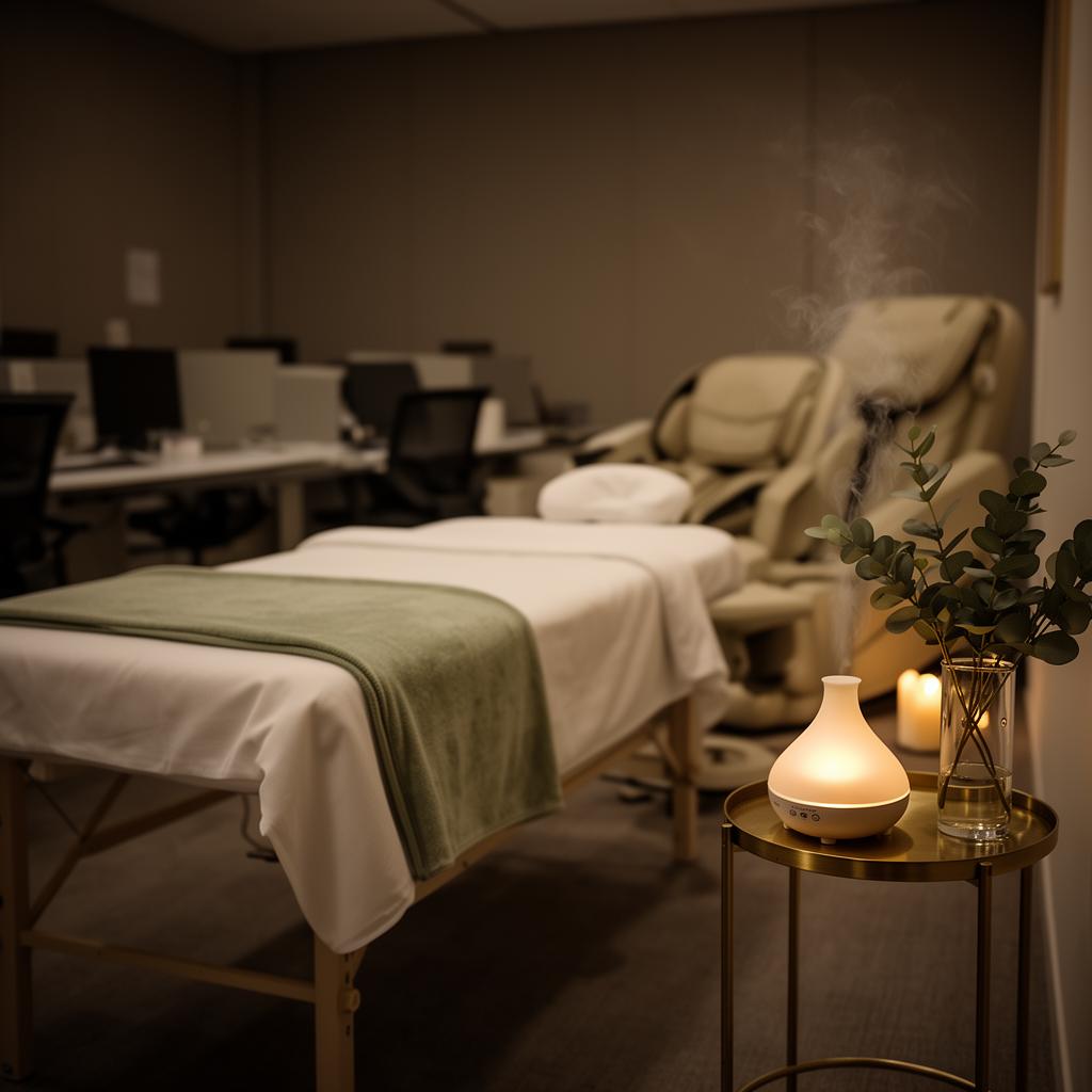 On-site corporate wellness setup with massage table, massage chair, aromatherapy diffuser, and warm dim lighting in an office